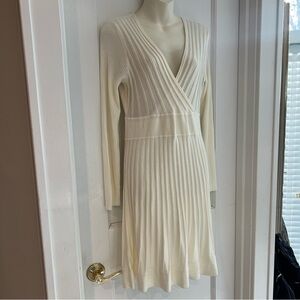 Calvin Klein Ribbed Sweater Dress Deep V Neck Ivory Womens Size Medium